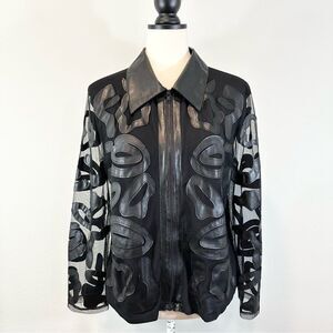 Valenti Black Jacket Mesh Faux Leather Appliqué Full Zip Front Size M